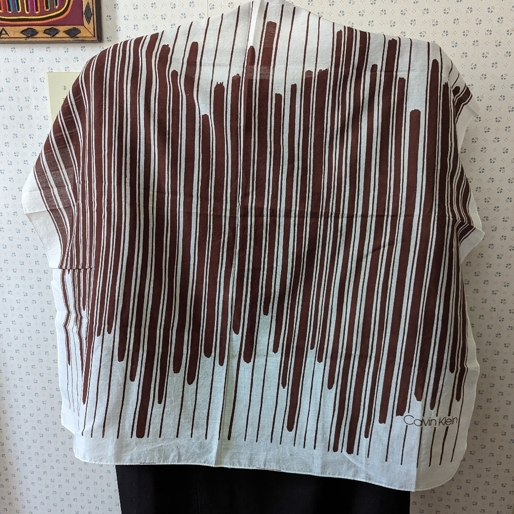 Calvin Klein vintage white brown scarf 26" x 26" square swing style signed piano